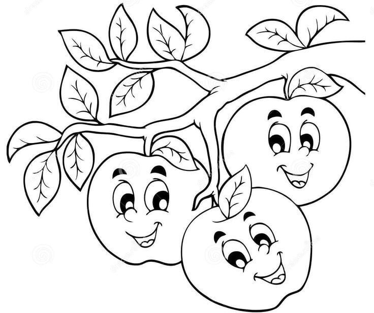 dibujo tres manzanas de dibujos animados en el arbol para colorear