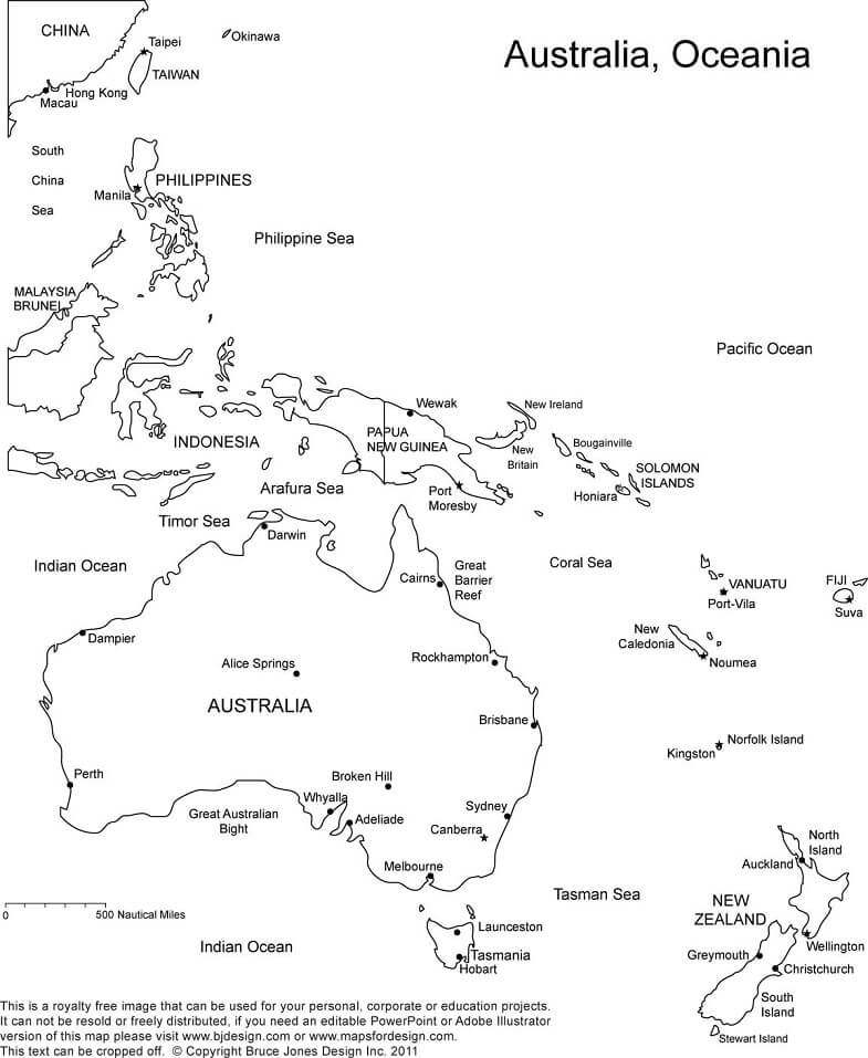 Dibujo de Mapa de Australia y Oceania para Colorear y Imprimir