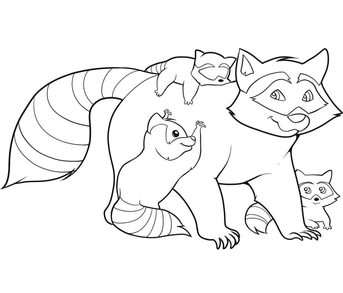 Dibujo de Mapache Familiar para Colorear y Imprimir