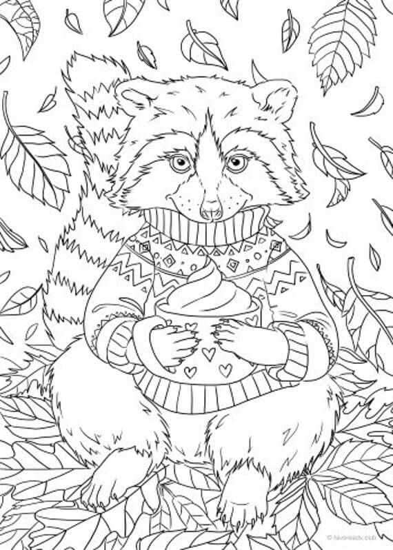 Dibujo de Pastel de Tenencia de Mapache Con Hoja para Colorear y Imprimir