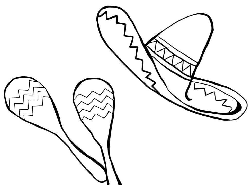 dibujo maracas y sombrero mexicano para imprimir y colorear