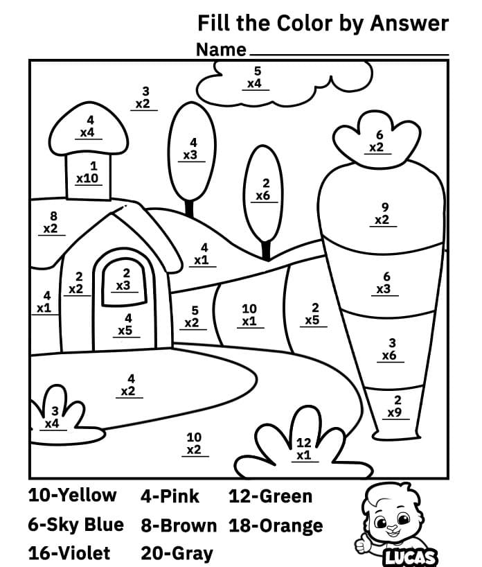 dibujo hoja de calculo de multiplicacion bonita color por numero bajar para colorear