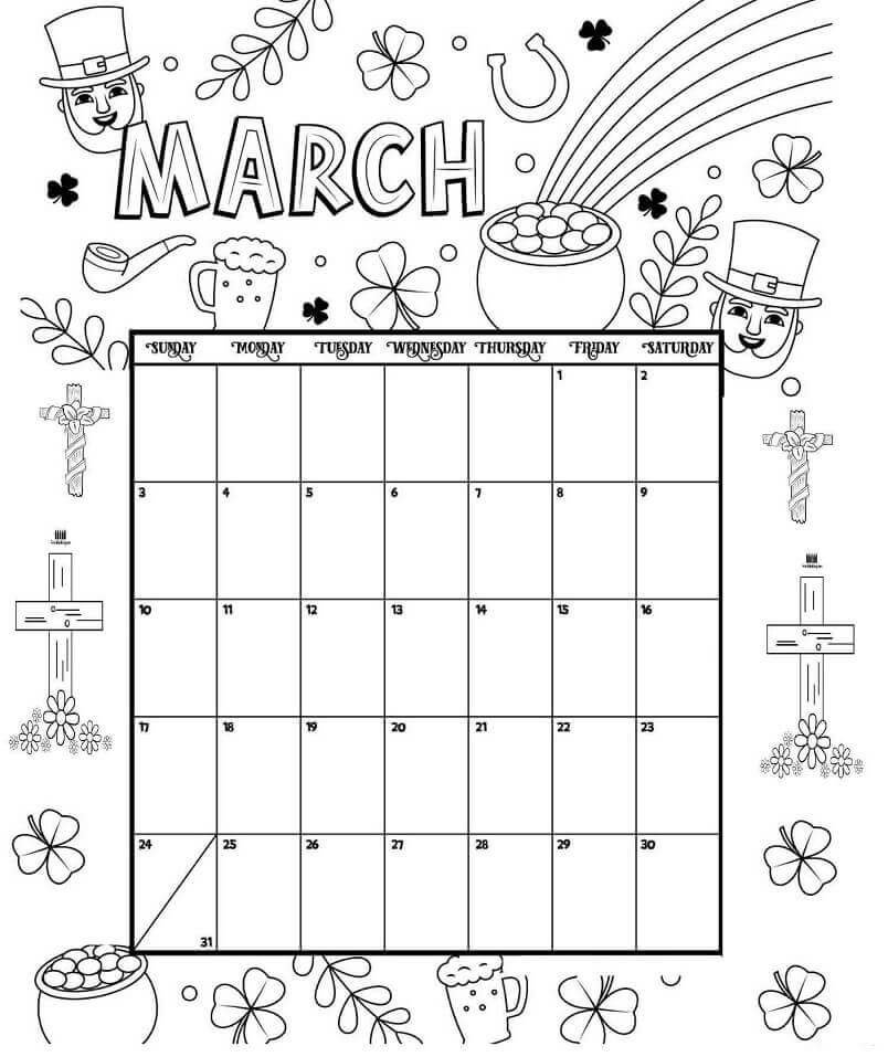 Dibujo de Calendario Marzo para Colorear y Imprimir