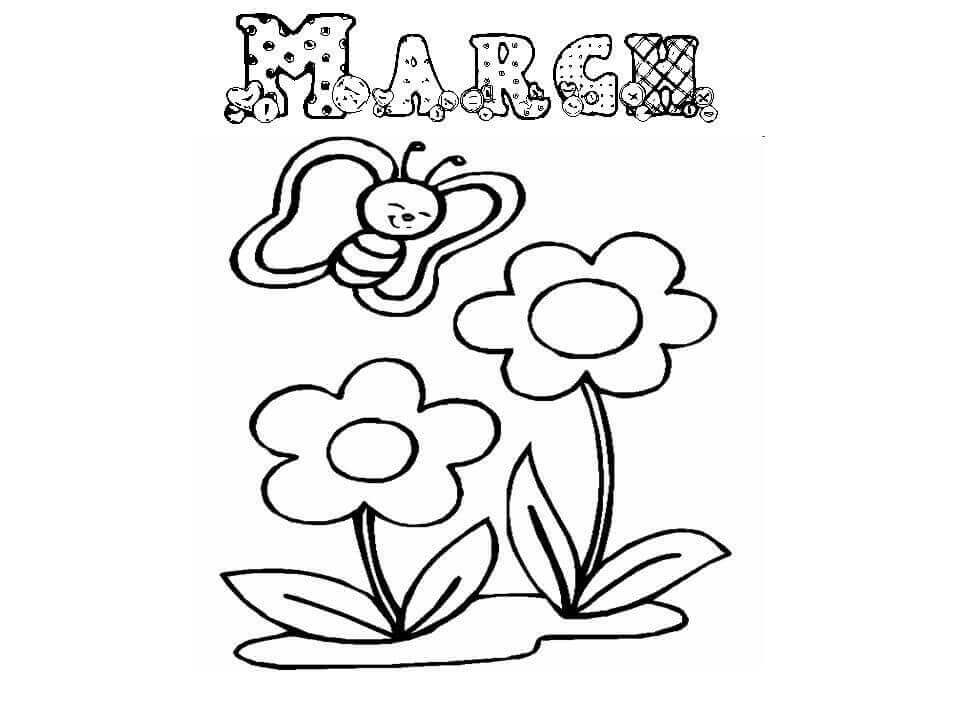 Dibujo de ¡Feliz Marzo Con Flor para Colorear y Imprimir