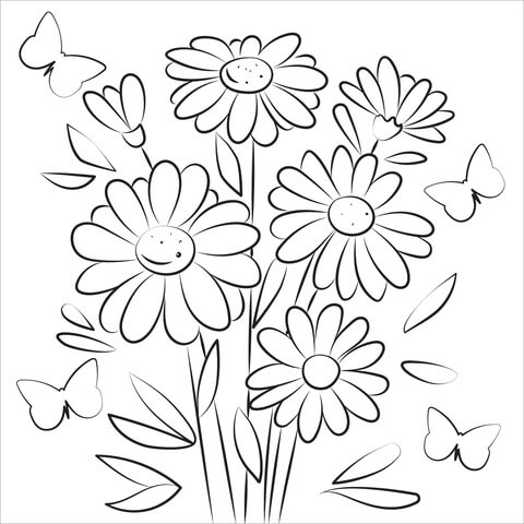 Dibujo de Margarita y Mariposas para Colorear y Imprimir
