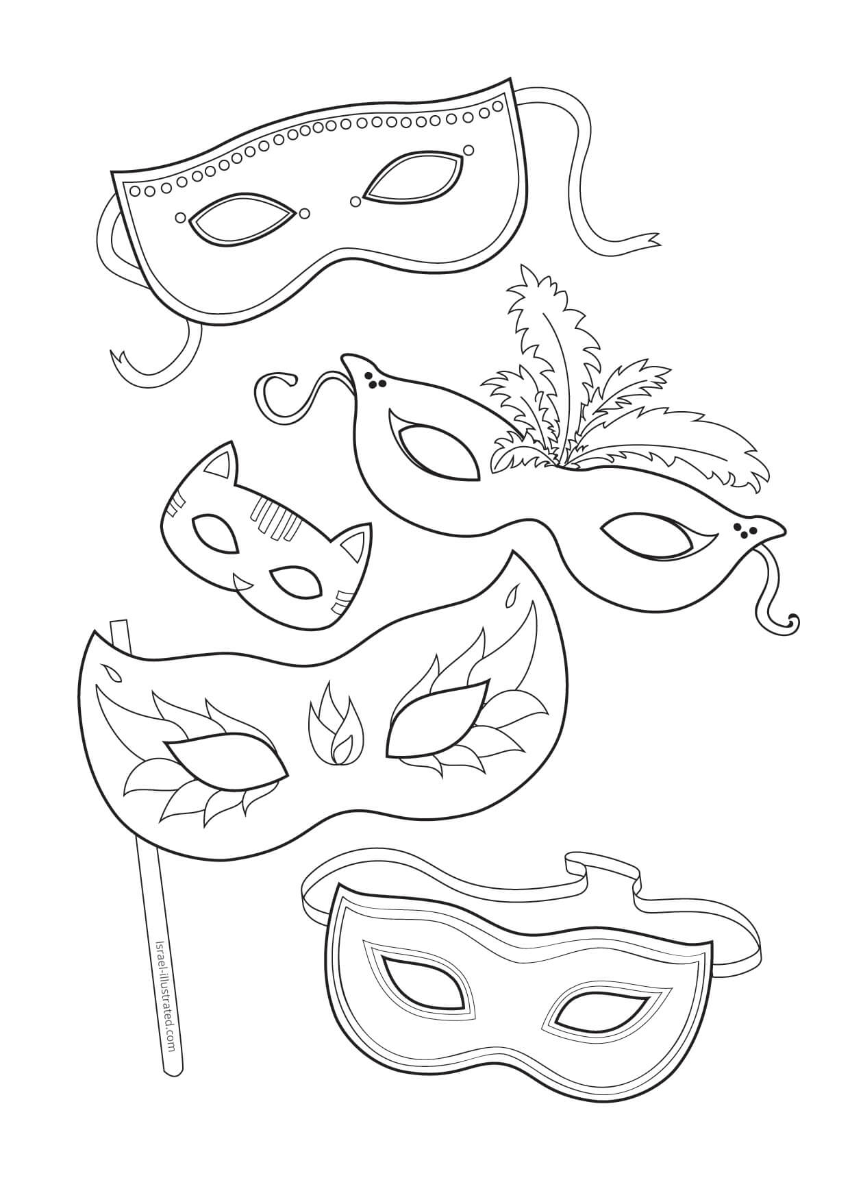 Dibujo de Cinco Máscaras para Colorear y Imprimir