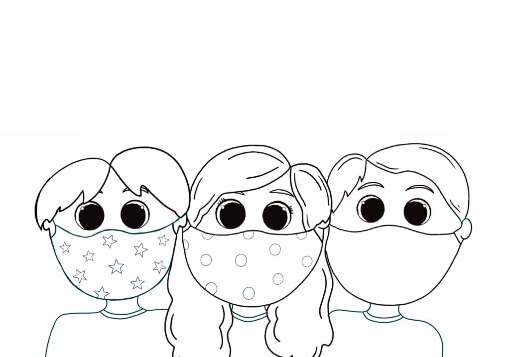 Dibujo de Niños Con Máscaras Faciales para Colorear y Imprimir
