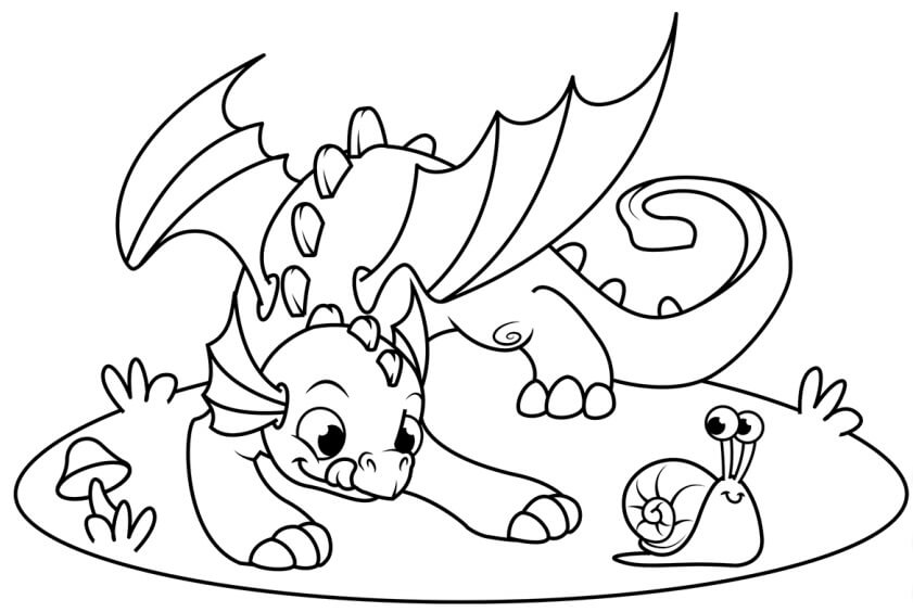 Dibujo de Lindo Dragón y Caracol para Colorear y Imprimir