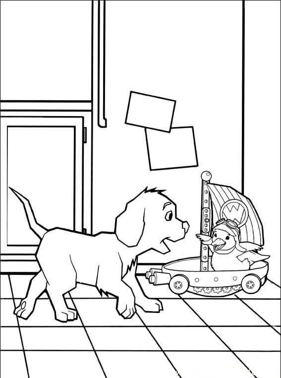 Dibujo de Patito Ming Ming En Flyboat y Perro para Colorear y Imprimir