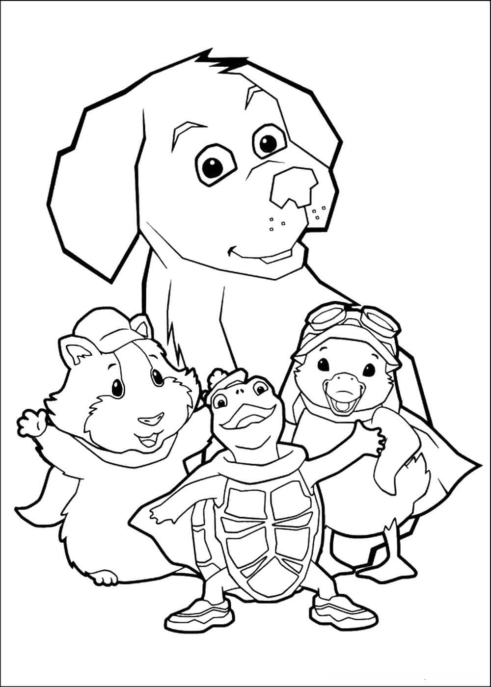 Dibujo de Perro y Tres Mascotas Maravillosas para Colorear y Imprimir