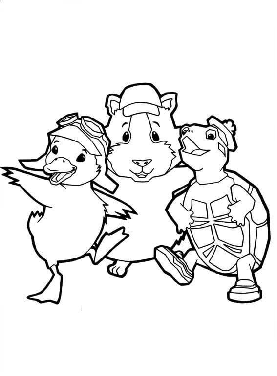 Dibujo de Tres Mascotas Maravillosas Caminando para Colorear y Imprimir