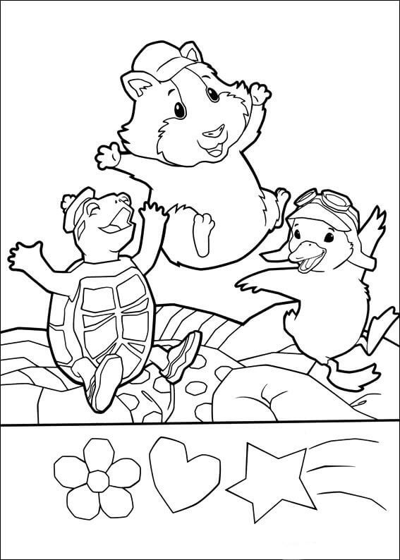 Dibujo de Tres Mascotas Maravillosas Saltando para Colorear y Imprimir