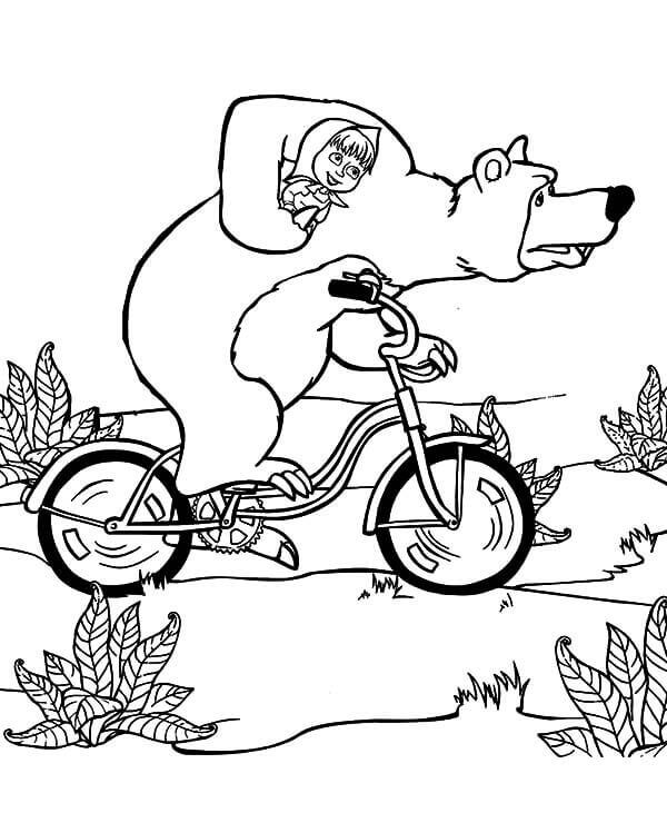 Dibujo de Bicicleta de Montar Masha Con Oso para Colorear y Imprimir