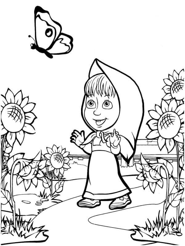 Dibujo de Masha Cazar Mariposas para Colorear y Imprimir
