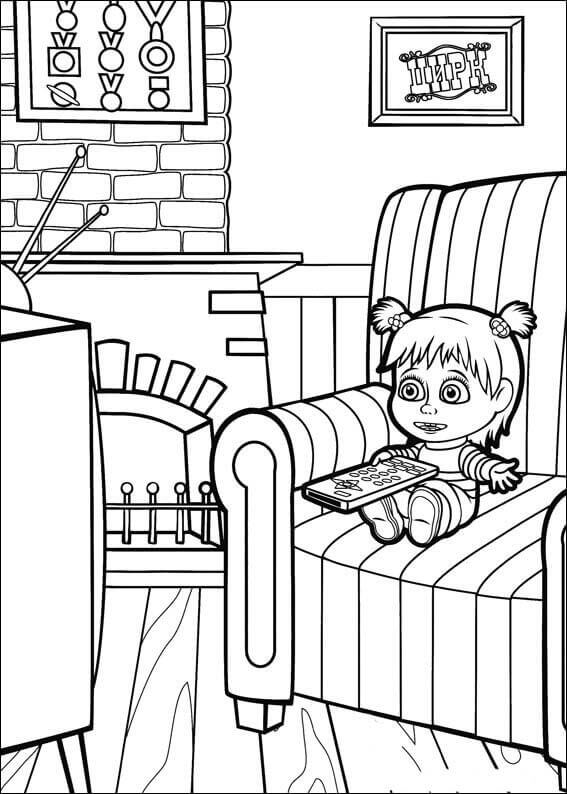 Dibujo de Masha Viendo Tv para Colorear y Imprimir