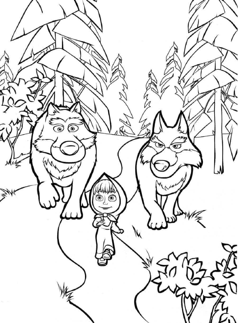 Dibujo de Masha y dos Lobos para Colorear y Imprimir