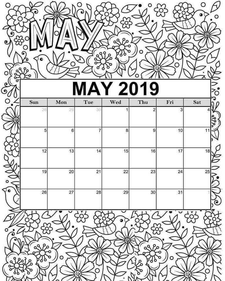 Dibujo de Calendario Mayo 2019 para Colorear y Imprimir
