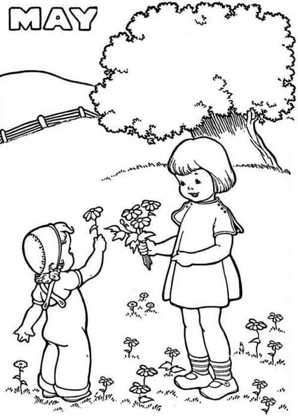 Dibujo de dos de Mayo Niña Con Flor para Colorear y Imprimir