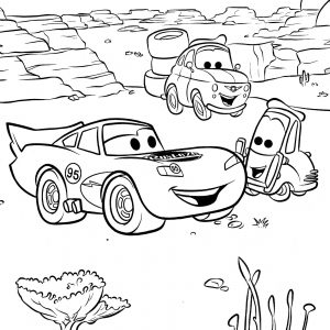 Dibujo de Mcqueen Cambiando Neumaticos En El Desierto para Colorear y Imprimir