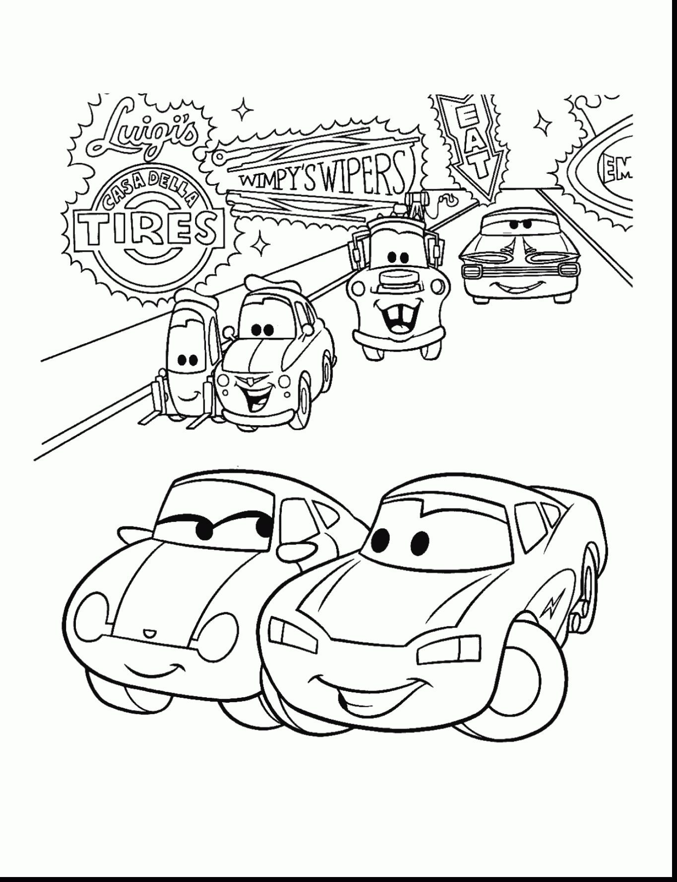 Dibujo de Mcqueen Salida y Amigos para Colorear y Imprimir