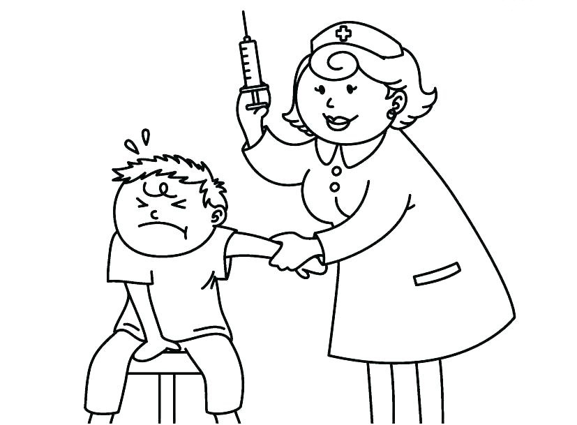 Dibujo de El Paciente Sé Asusta por El Médico de La Inyeccion para Colorear y Imprimir