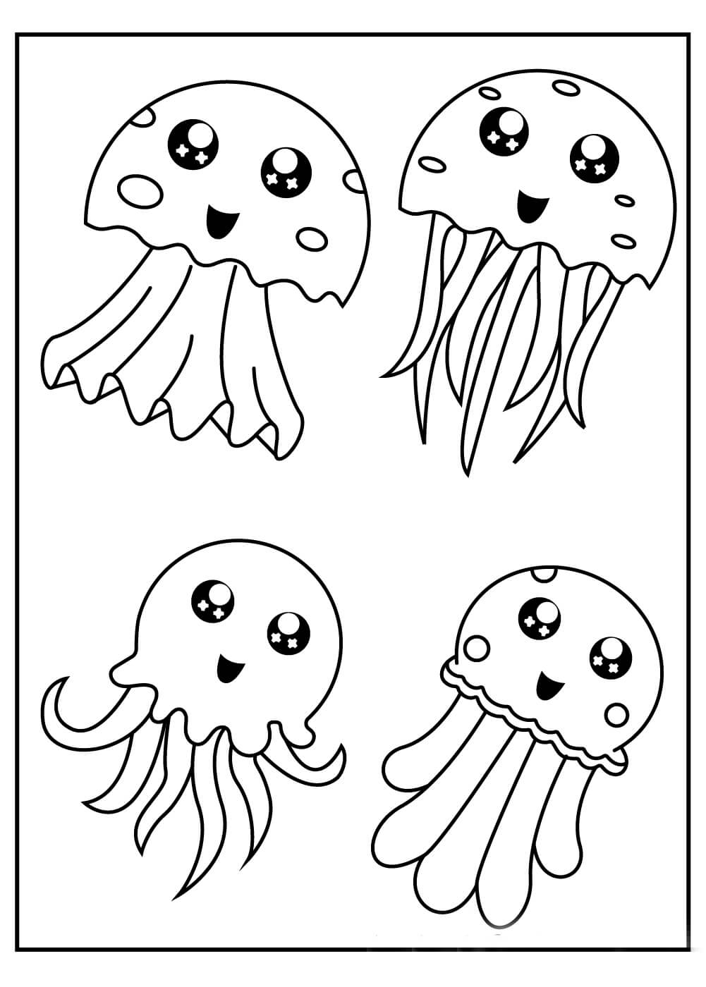 dibujo cuatro medusas lindo para imprimir y colorear