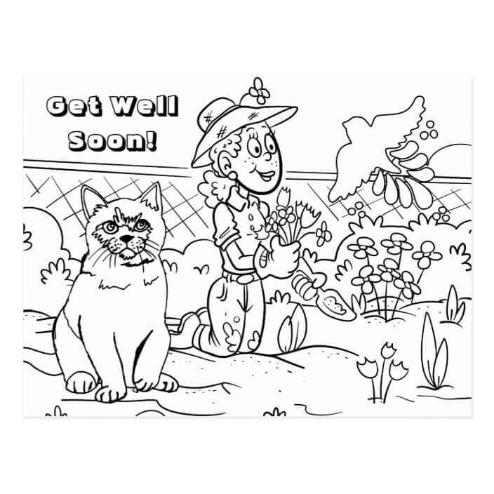 Dibujo de que Sé Recuperen Pronto La Gente y El Gato para Colorear y Imprimir