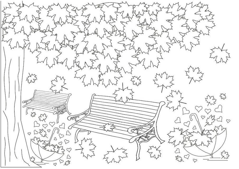 dibujos arbol con hojas y silla en otono para colorear