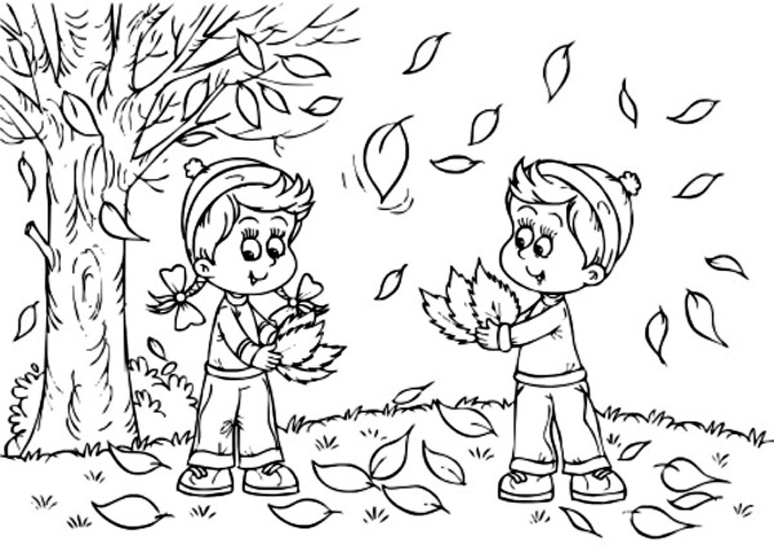 dibujos dos ninos con hojas en otono para colorear