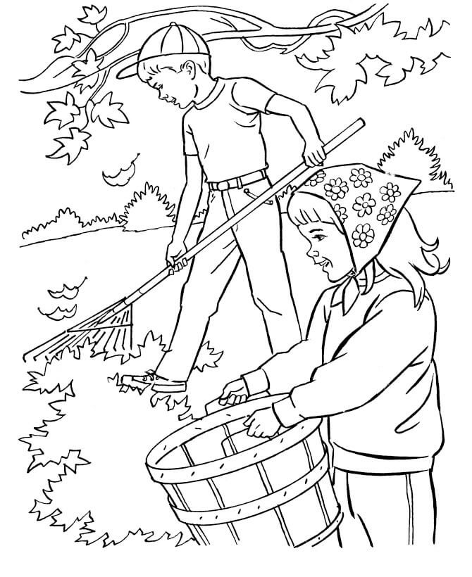 dibujos dos ninos limpiando las hojas en otono para colorear