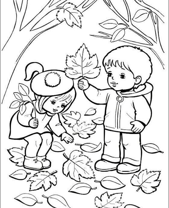 dibujos dos ninos lindos con hojas en otono para colorear