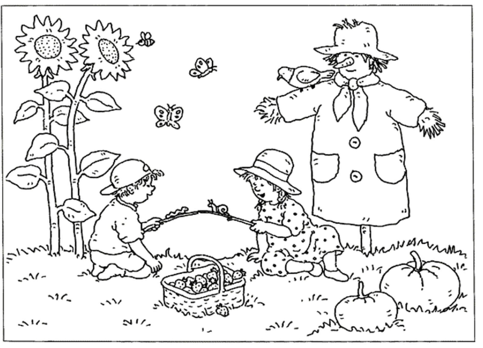 dibujos dos ninos y un espantapajaros en el otono para colorear