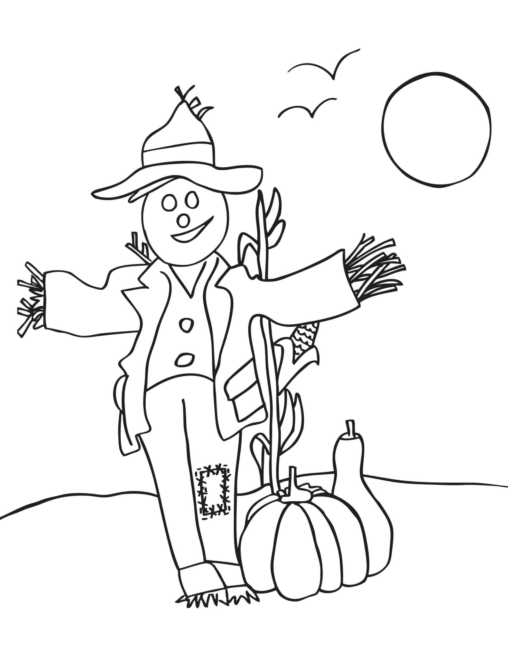 dibujos espantapajaros y calabaza en otono para colorear