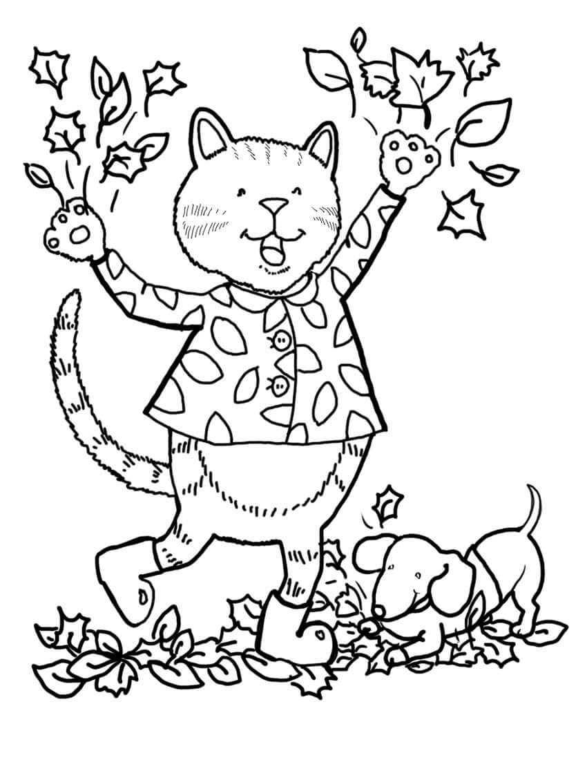 dibujos gato y perro en otono para colorear