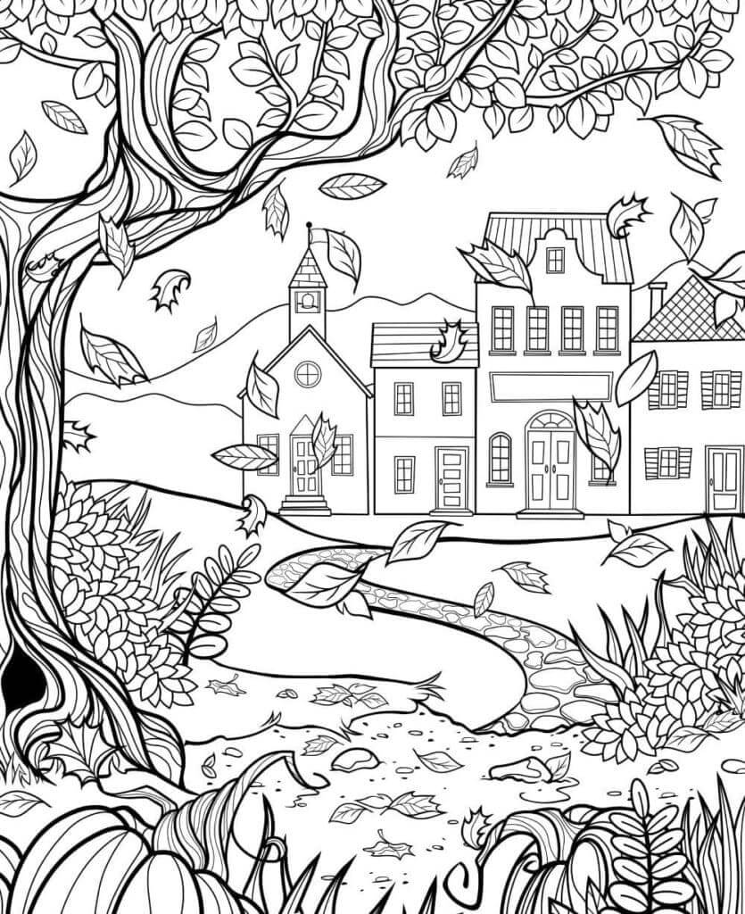 dibujos hermoso paisaje en otono para colorear