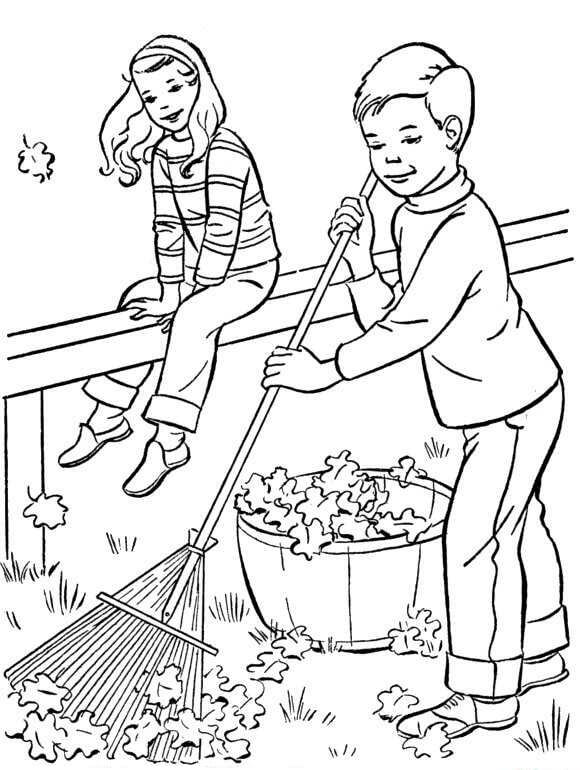 dibujos nina y nino barriendo hojas en otono para colorear