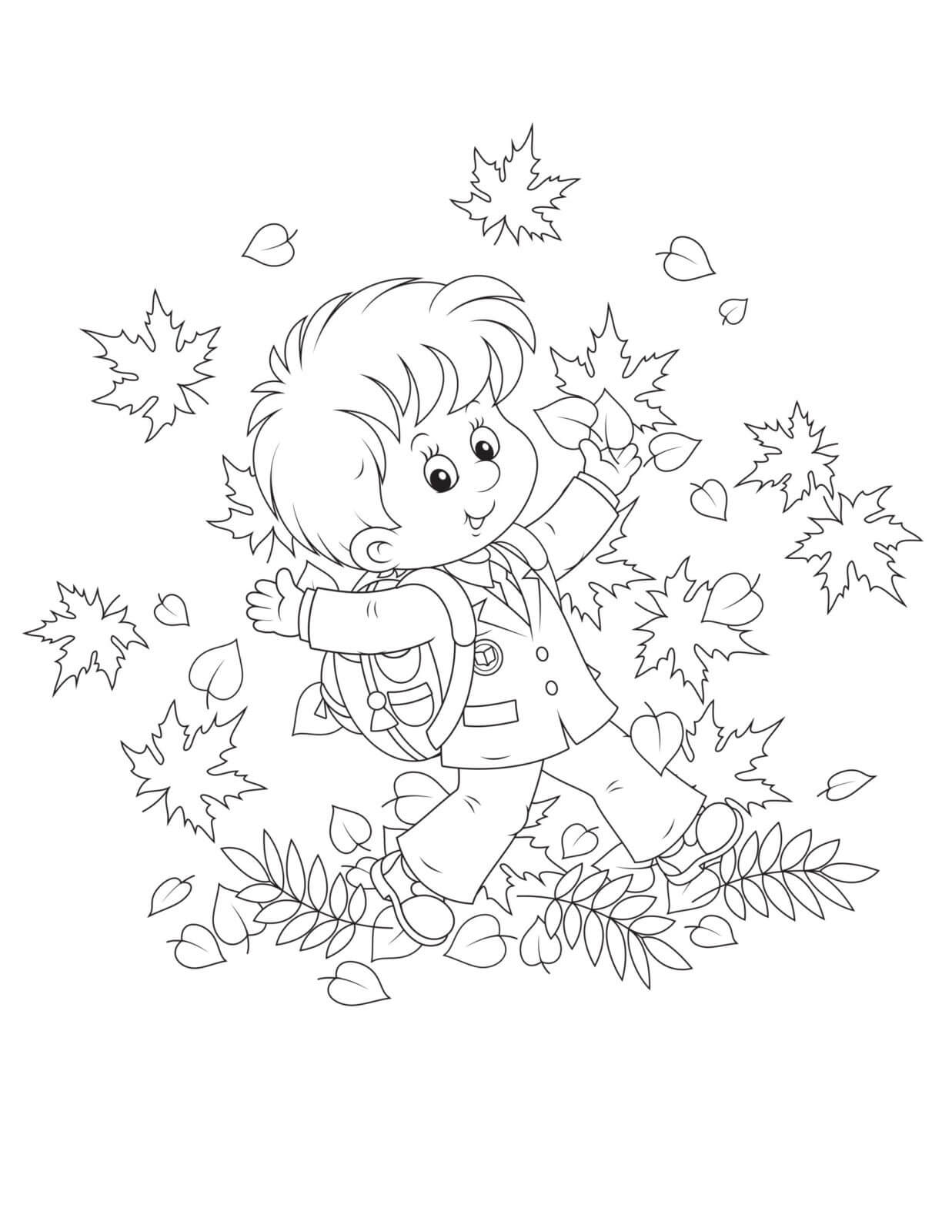 dibujos nino feliz con hojas en otono para colorear