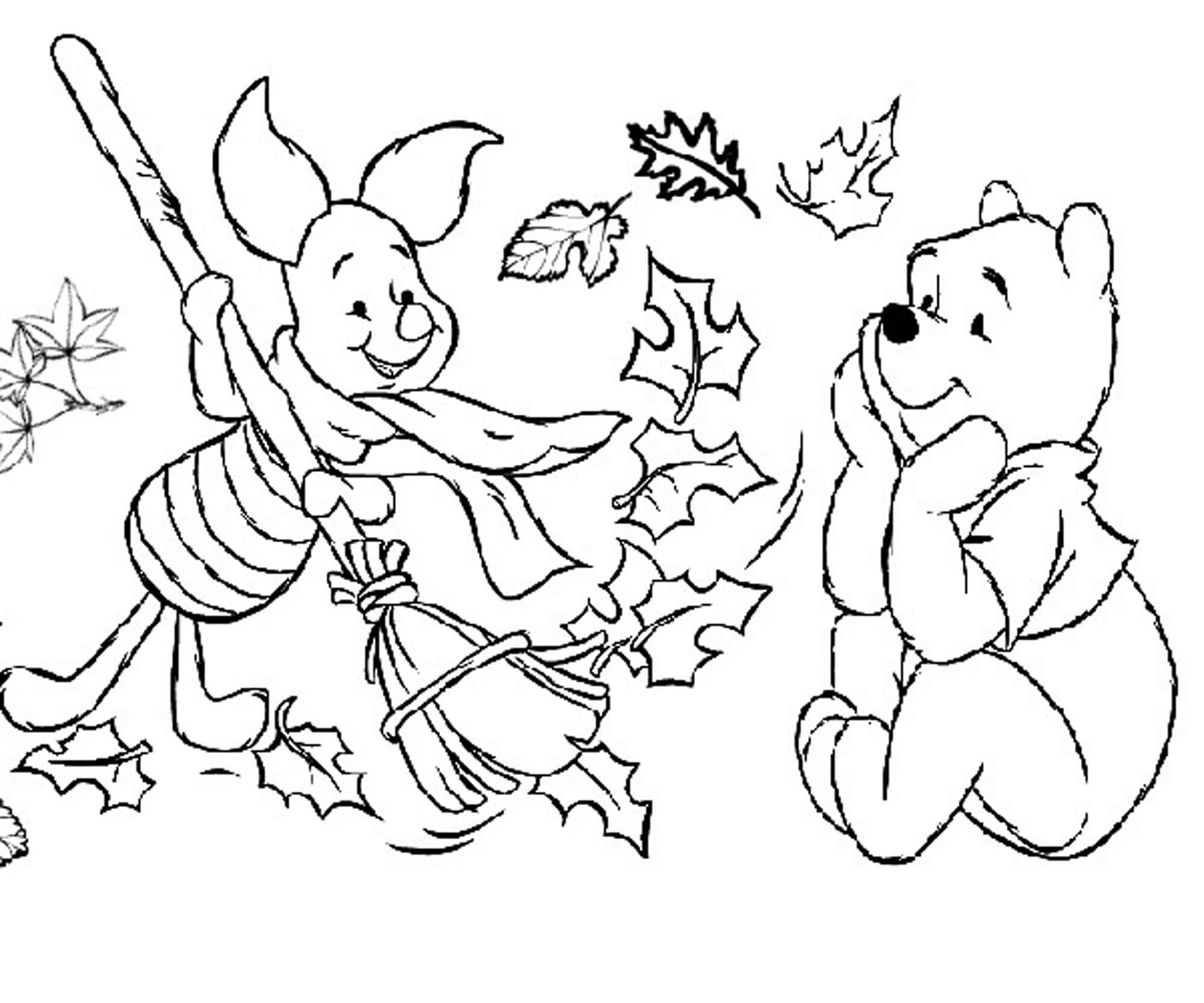 dibujos piglet y pooh bear en otono para colorear