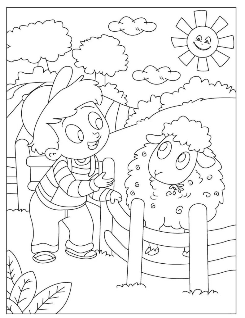 Dibujo Chico Divertido Con Ovejas Para Imprimir Y Colorear