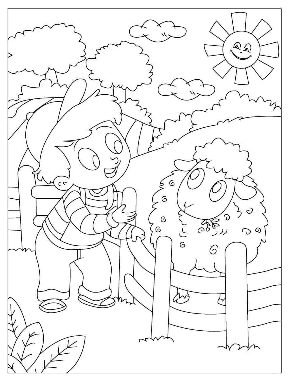 dibujo chico divertido con ovejas para imprimir y colorear