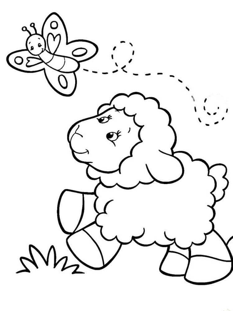 dibujo corriendo ovejas atrapando mariposas para imprimir y colorear