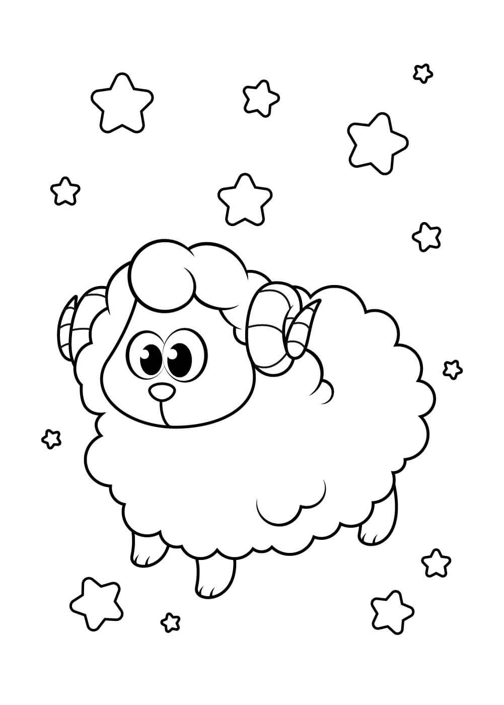 dibujo linda oveja con estrellas para imprimir y colorear