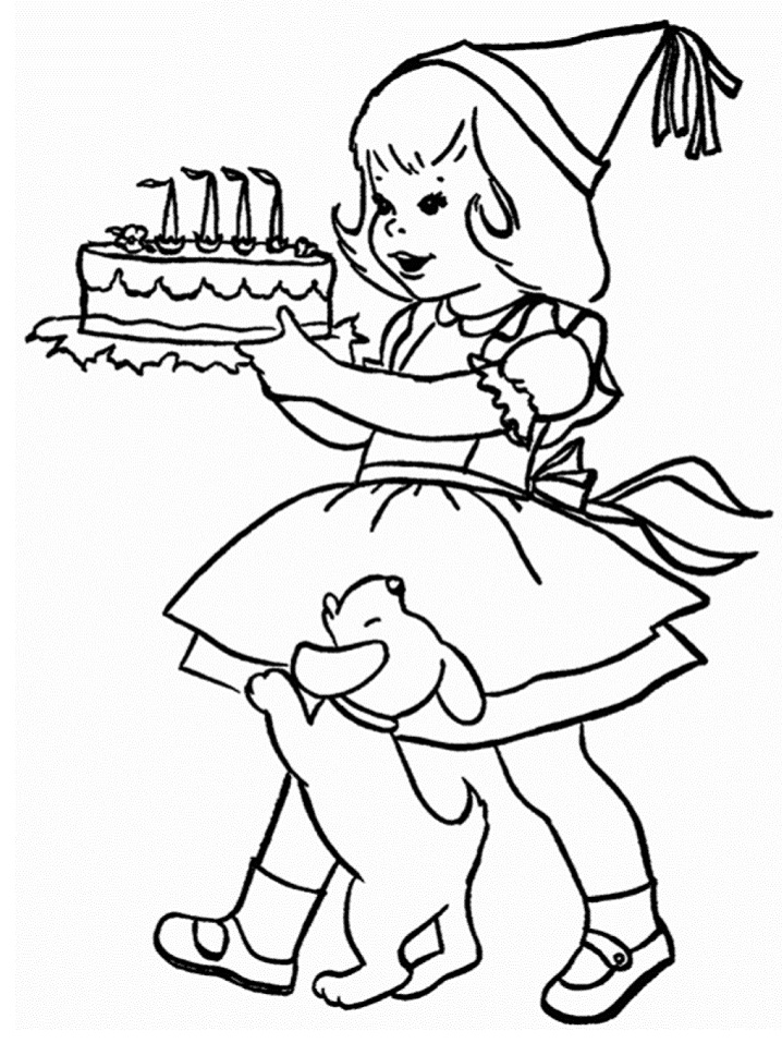 dibujo nina con pastel de cumpleans y cachorro para colorear