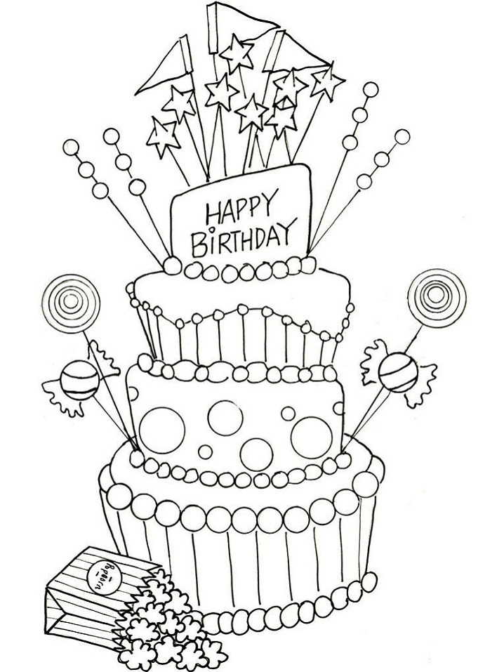 dibujo palomitas de maiz y pastel de cumpleanos para colorear