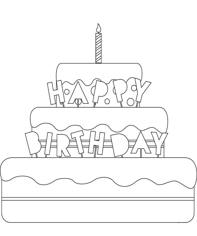 dibujo pastel de cumpleanos con cintas para colorear