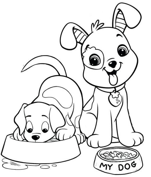 dibujo dos lindos perros comiendo colorear