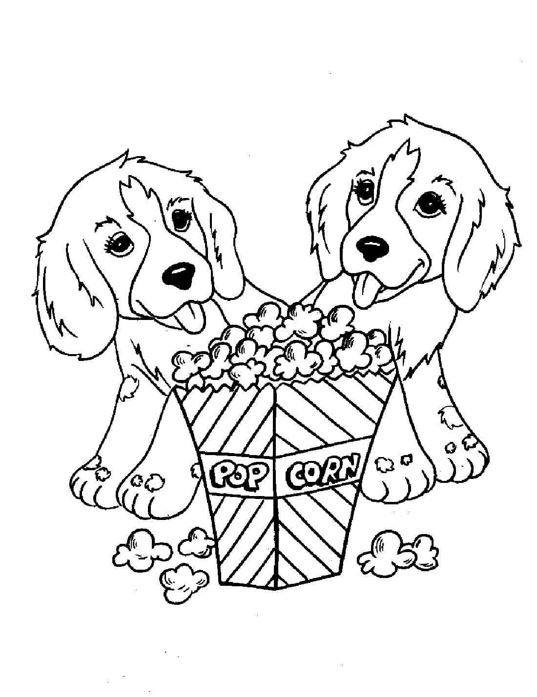 dibujo dos perros con palomitas de maiz colorear