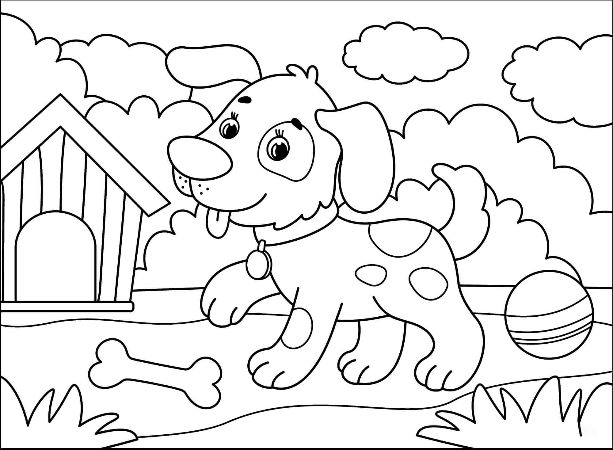 dibujo perro divertido con juguetes colorear