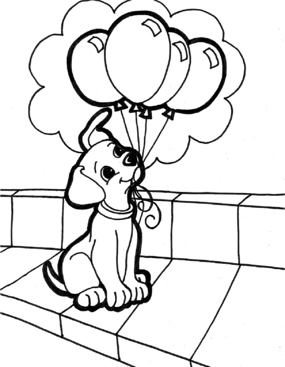 dibujo perro sosteniendo globos colorear