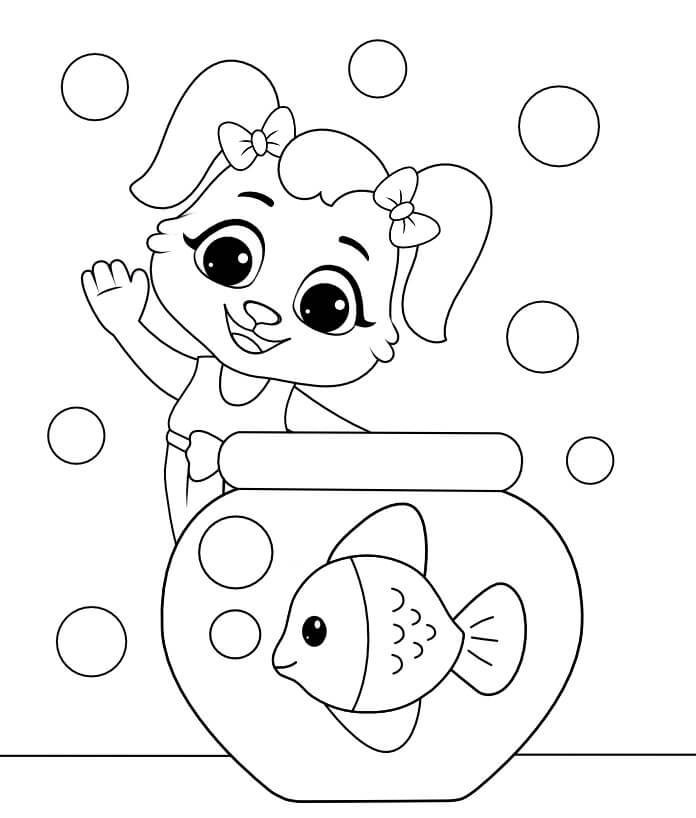 dibujo personaje de dibujos animados manteniendo peces en el tanque colorear